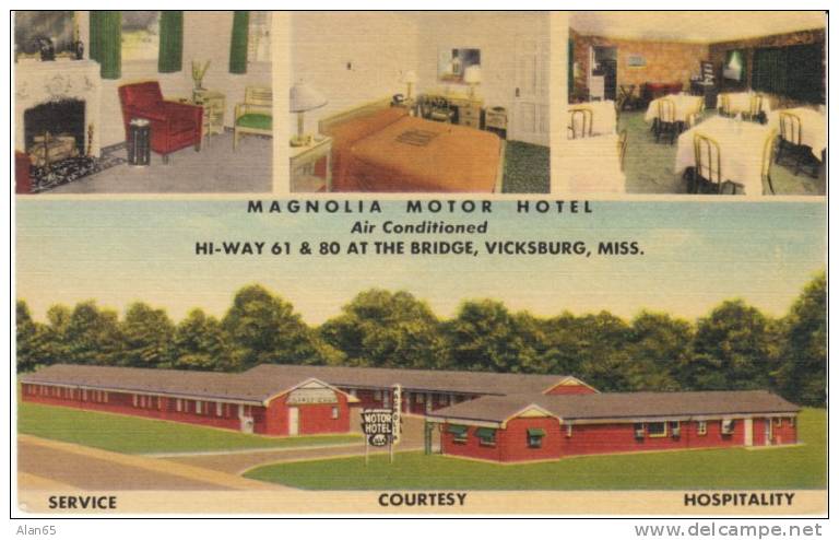 Vicksburg MS Mississippi, Magnolia Motor Hotel Motel Lodging Interior View, C1940s Vintage Linen Postcard - Autres & Non Classés