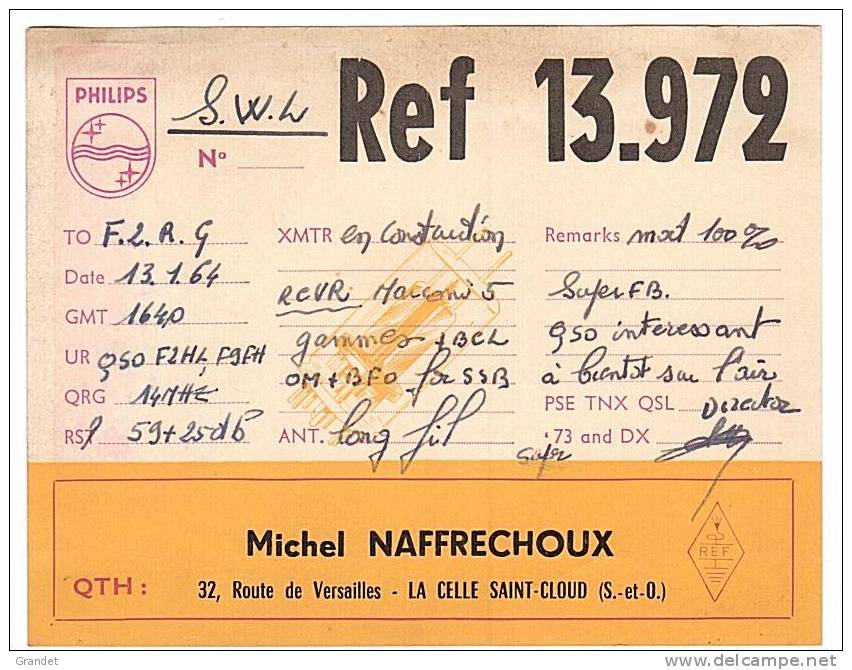 CARTE RADIO QSL - PHILIPS - LA CELLE SAINT CLOUD  - 1964. - Radio-amateur