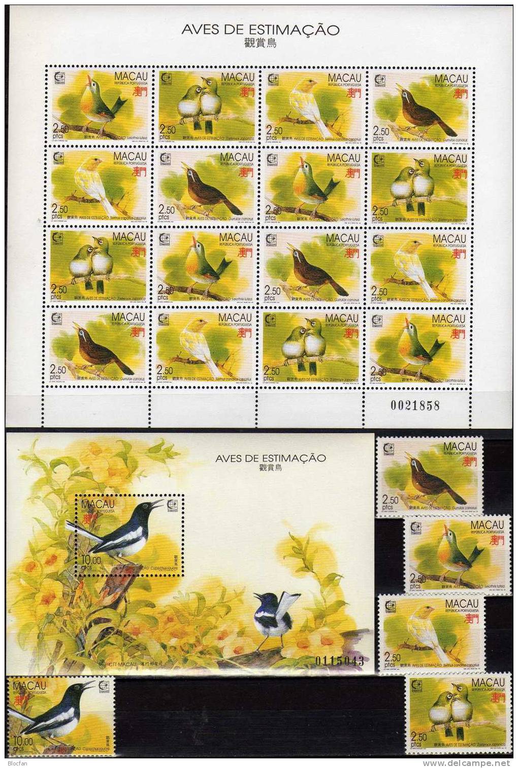 Singapore 1995 Macau 814/8,ZD, Block 30+ KB ** 96€ Drossel Häherling Brillen- Sonnen- Kanarien-Vogel Bird Sheet Bf Macao - Collections, Lots & Séries