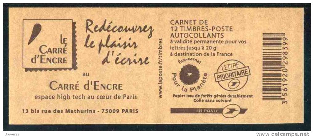 Eco-carnet De 12 Timbres Autocol. Type "Beaujard" Avec Couvert. Kraft "Le Carré D'Encre" - RE à Droite Au Milieu - Autres & Non Classés