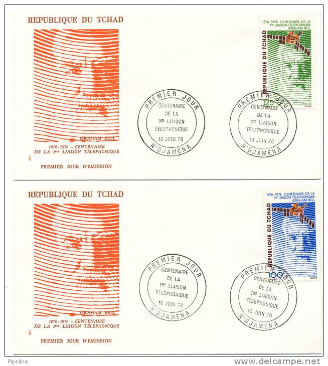 Chad Tchad FDC 10-6-1976 Telephone Centenary Complete Set On 2 Covers With Cachet - Chad (1960-...)