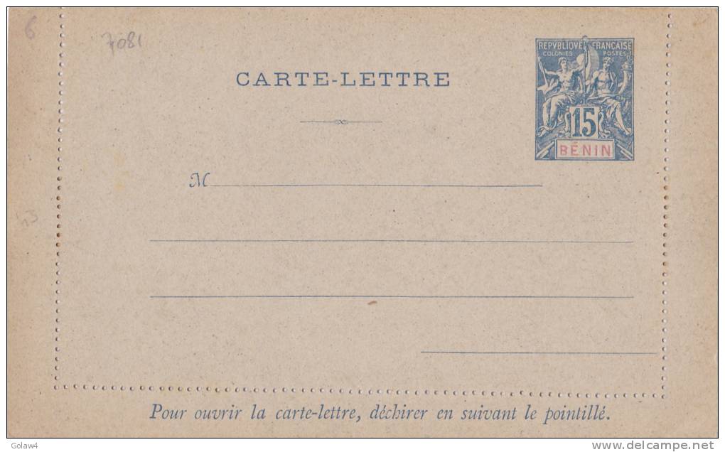 7081# BENIN ENTIER POSTAL CARTE LETTRE NEUVE COLLE - Brieven En Documenten