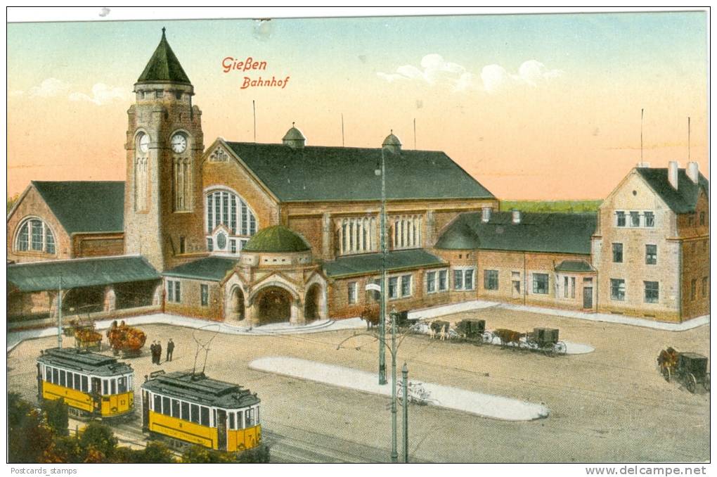 Giessen, Bahnhof Mit Pferdefuhrwerken Und Strassenbahn, Um 1910 - Giessen