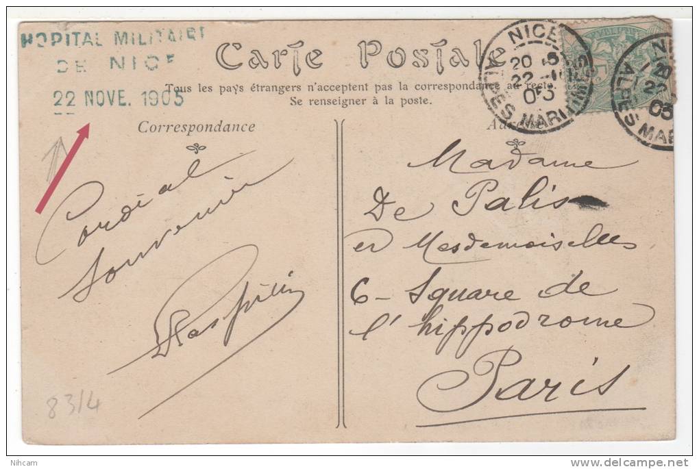 NICE -  Scan Verso CAD Linéaire HOPITAL MILITAIRE DE NICE 22 NOVE. 1905 - Santé, Hôpitaux