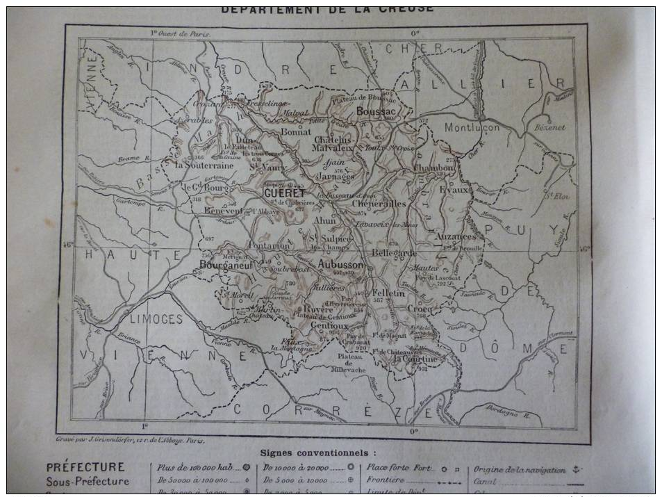 Carte Géographique , Département De La Creuse , Avec Légende , Gravure De Geisendorfer 1893 - Documents Historiques