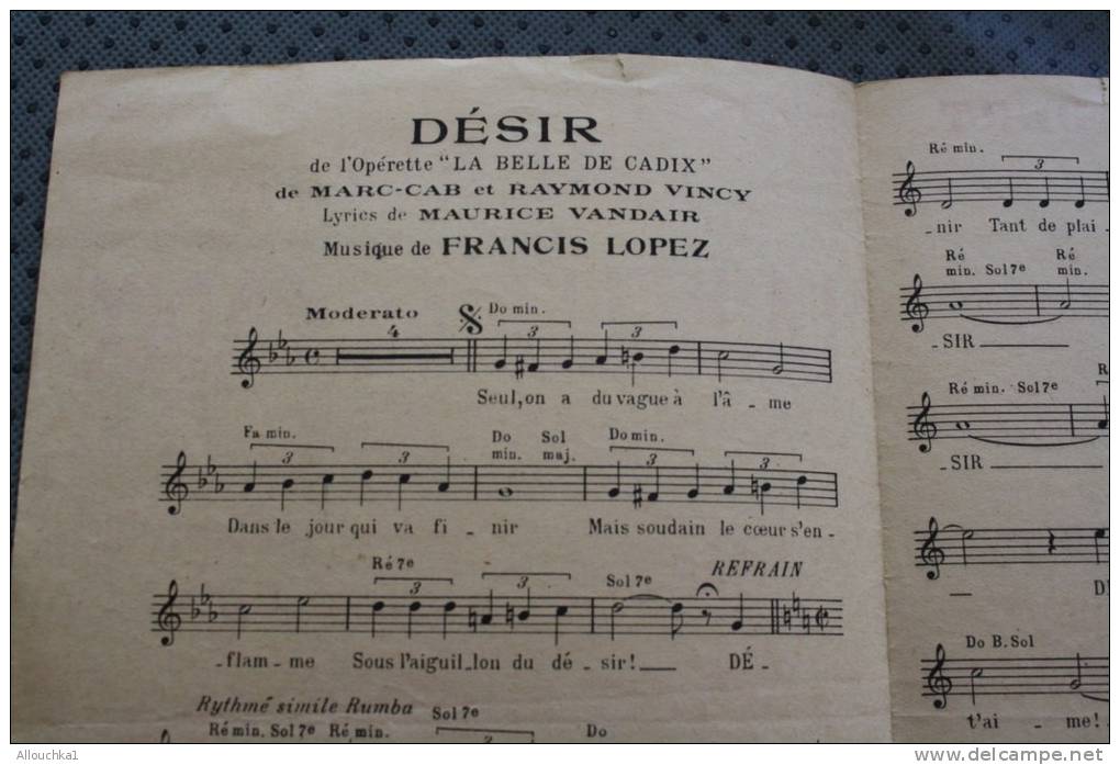 Musique,partition Musicale:désir Opérette La Belle De Cadix: Luis Mariano ,Francis Lopez  éditions Françis  Salabert - Opéra