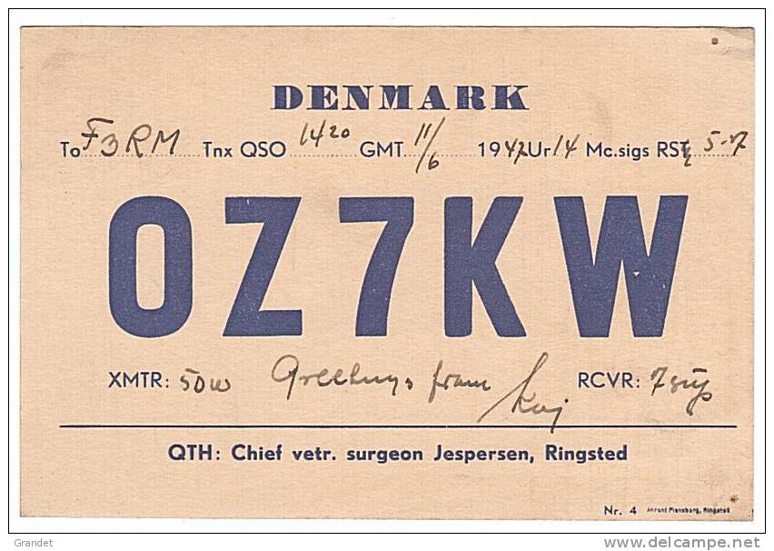 CARTE RADIO QSL - DANEMARK - DENMARK - RINGSTED - 1947. - Amateurfunk