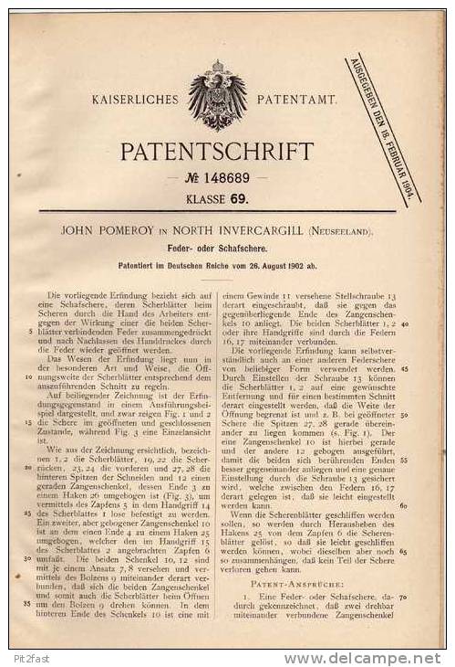 Original Patentschrift - J. Pomeroy In North Invercargill , 1902 , Feder- Schafschere , Schere Für Schafe , Schäfer !!! - Antike Werkzeuge