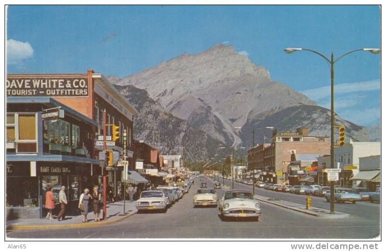 Banff Canada, Great Chrome Street Scene, Autos, Business Signs, 1950s Vintage Postcard - Banff