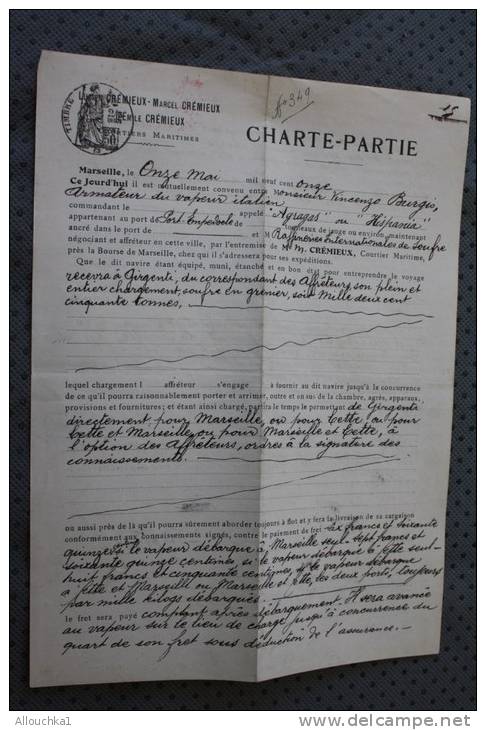 Connaissement Cie Mess Maritime Marseille Charte Partie&gt;Vapeur Agragos-Hispa&ntilde;ia&gt;Port-Empedocle-&gt;Girgenti - Autres & Non Classés