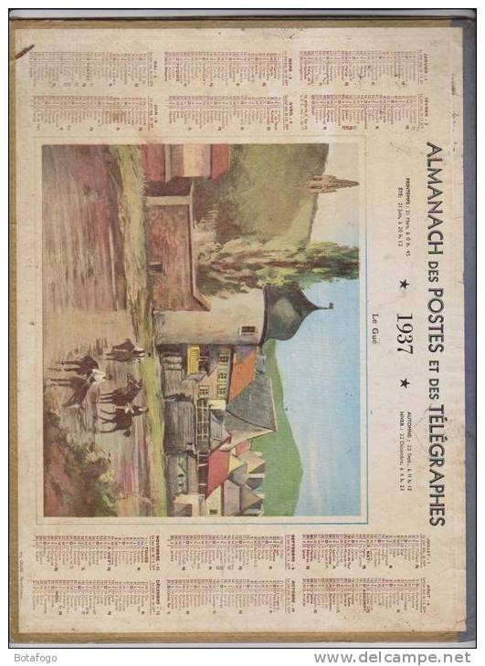 CALENDRIER  PTT  1937, LE GUE, DPT ARIEGE - Formato Grande : 1921-40