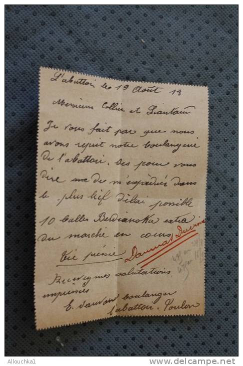 Entier Postal Entier Postaux Carte-lettre Du 19 Août 1913 à L'abattoir Pour Marseille Voir Flamme Au Verso - Cartoline-lettere