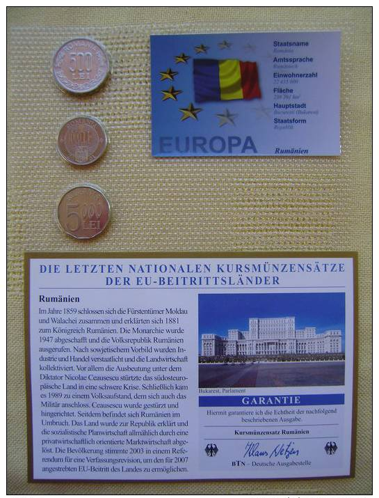 RUMANIA / ROMANIA / RUMÄNIEN  - BLISTER / SET ** 3 Monedas / Münzen / Coins 1999-2002  ** UNC COA Certificado Zertifikat - Roemenië