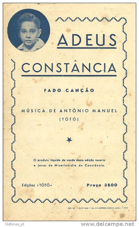 PORTUGAL -  CONSTANCIA - ADEUS CONSTANCIA FADO CANCAO PARTITURA E LETRA 40S - Scholingsboek