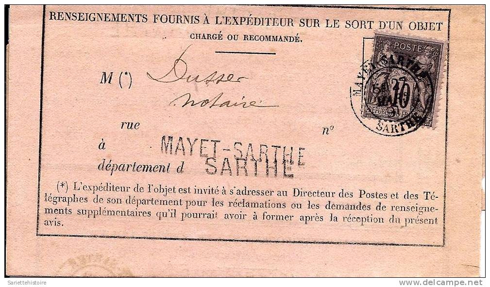 N° 89 Càd MAYET SARTHE 27 MARS 91 + GRIFFE MAYET-SARTHE S/FORMULAIRE OBJETS CHARGES Ou RECOMMANDES.TB - 1876-1898 Sage (Type II)