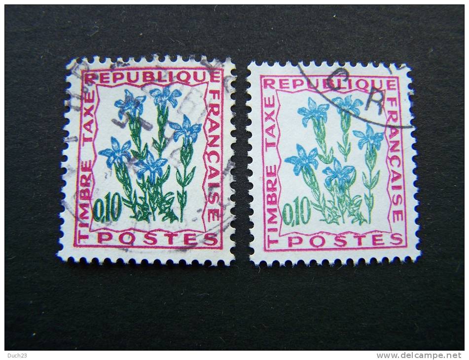 OBLITERE FRANCE ANNEE 1964 TIMBRES TAXE N°96 VARIETE 2 NUANCES EXTREMES OBLITERATION RONDE FLEURS DES CHAMPS GENTIANE - Usados