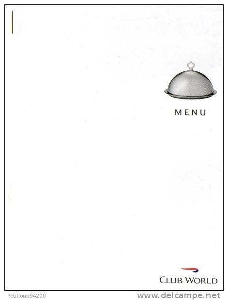 MENU    BRITISH AIRWAYS   Club World - Menu Kaarten