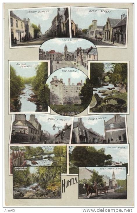 Huntly (Aberdeenshire) Scotland, Multi-views Of Town Street Scenes Castle, C1900s Vintage Postcard - Aberdeenshire