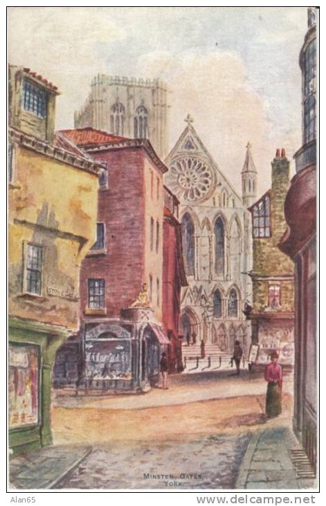 York (Yorkshire) UK, Minster Gates Painting On C1900s Vintage 'The Artist' Series J.W. Ruddock Postcard - York