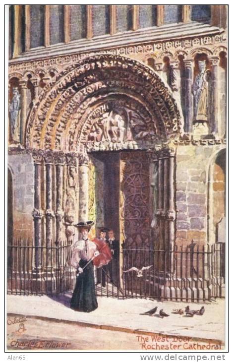 Rochester (Kent) UK, Rochester Cathedral The West Door, Charles Flower, C1900s Vintage Tucks Oilette 7024 Postcard - Rochester
