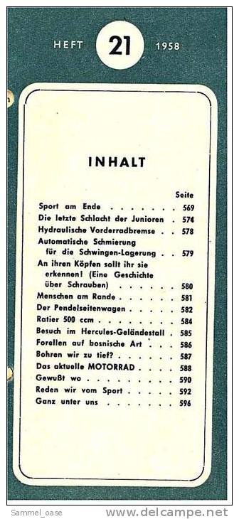 Zeitschrift  "Das Motorrad" 21 / 1958 Mit :  Im Hercules Geländestall - Junioren Eifelrennen Nürburgring - Automobile & Transport