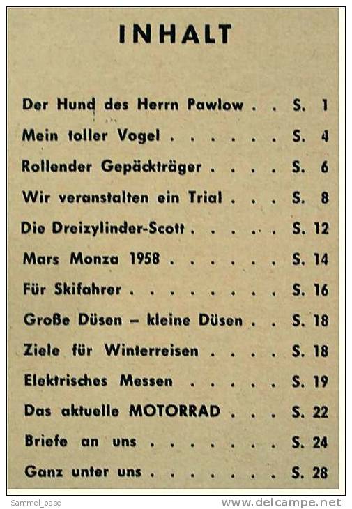 Zeitschrift  "Das Motorrad" 1 / 1958 Mit :  Mars Monza - Die Dreizylinder-Scott - Rollender Gepäckträger - Automobile & Transport
