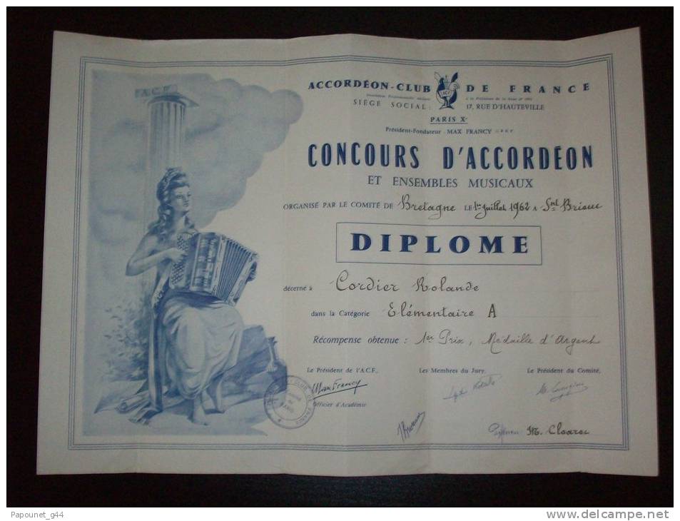 Acccordéon-club De France Diplome ( Concours D'Accordéon Et Ensemble Musicaux ) Médaille D'Argent - Diplomas Y Calificaciones Escolares