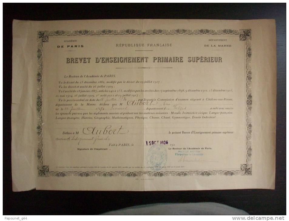 Brevet D'Enseignement Primaire Supérieur 1924 Académie De Paris Dépt De La Marne - Diplômes & Bulletins Scolaires