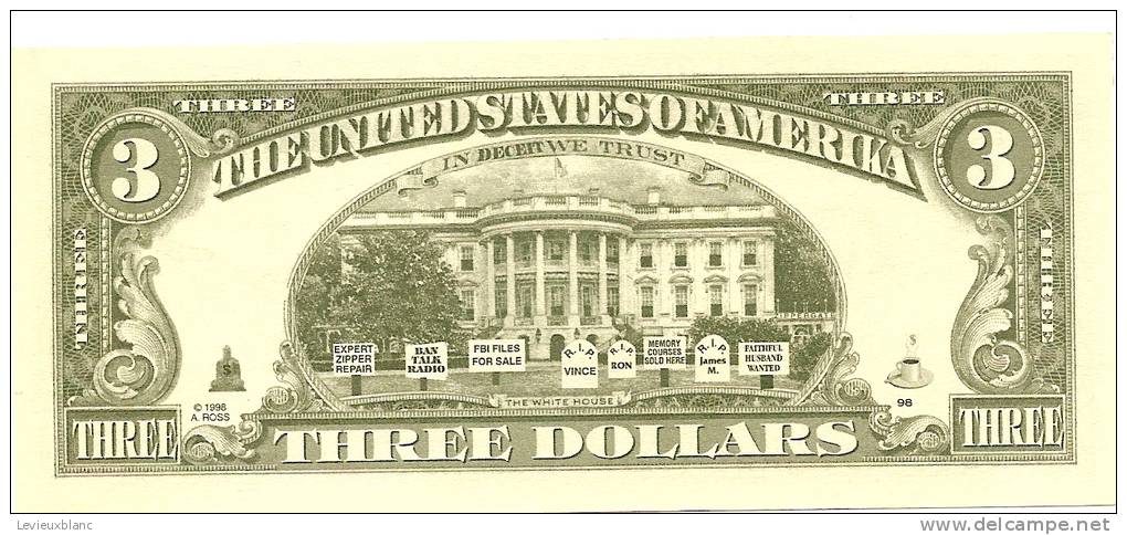 Billet US Humoristique/ Hillary Clinton/ 3 Dollars/Faux Billet/1998           BIL39 - Autres & Non Classés