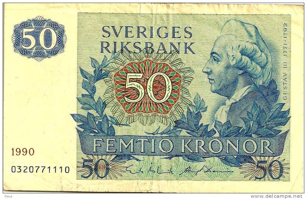 SWEDEN 50 KRONOR BLUE MAN  FRONT MAN BIRD BACK DATED 1990 P53d AVF READ DESCRIPTION !! - Sweden