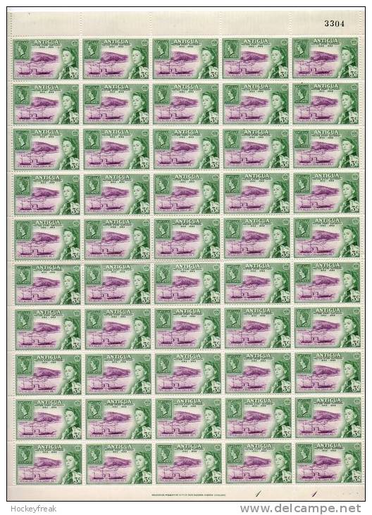 Antigua 1962 - 3c Stamp Centenary In Complete Sheet Of 50 - Plate 1 Sheet 3304 SG142 MNH Cat £45+ See Description Below - 1960-1981 Autonomie Interne