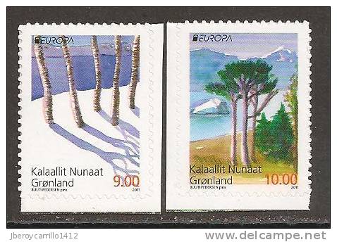 GROENLANDIA  - EUROPA 2011 -TEMA ANUAL  " BOSQUES".- SERIE 2 V:  ADHESIVOS Procedentes De CARNET - 2011