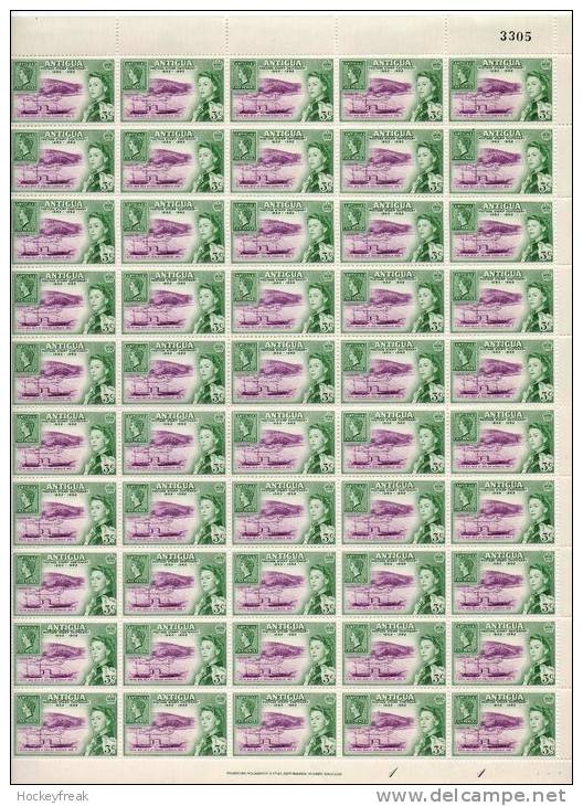 Antigua 1962 - 3c Stamp Centenary In Complete Sheet Of 50 - Plate 1 Sheet 3305 SG142 MNH Cat £45 - See Notes Below - 1960-1981 Ministerial Government