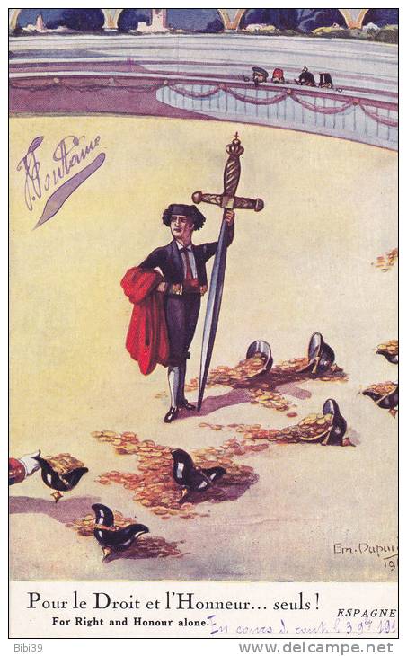 ILLUSTRATEUR : Em DUPUIS  1916.  _  Pour Le Droit Et L'Honneur...seuls !  ESPAGNE. Carte Humoristique. Couleur. - Dupuis, Emile