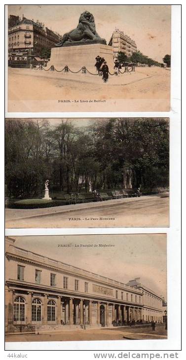 Lot De 3 Cartes : Faculté De Médecine, Parc Monceau, Lion De Belfort Avant 1904 - Konvolute, Lots, Sammlungen