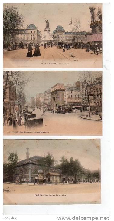 Lot De 3 Cartes : Les Halles Centrales, Place De La République,  Boulevard Et Porte St Martin Avant 1904 - Lots, Séries, Collections