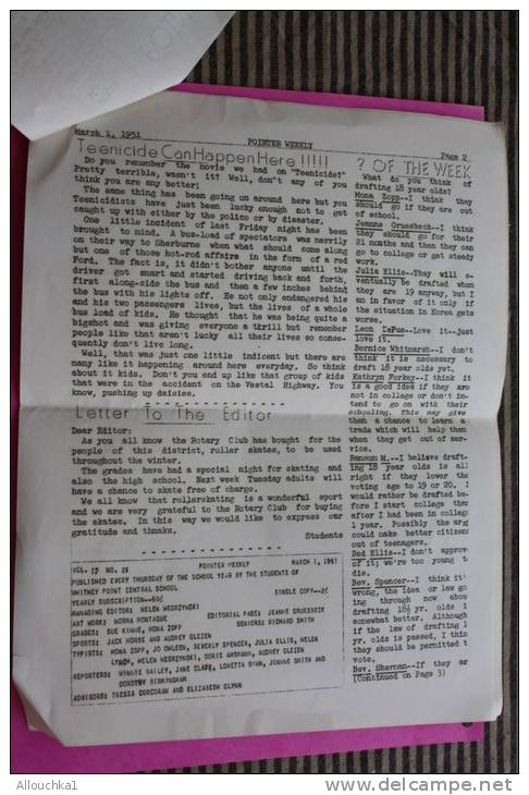 N°22 Maes. 1,1951 U.S.A. POINTER WEEKLY  Publshed By Students Of Whitney Point Central School School Press Association - 1950-Heute