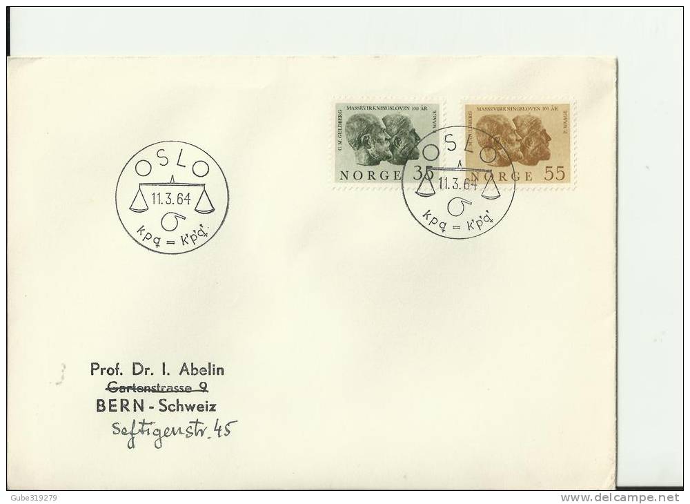 NORWAY 1964 - FDC 100 YEARS LAW OF MASS ACTION-GULDBERG & WAAGE FLOWN TO BERN (CH) W 2 STS OF 35-55 OSLO MAR 11, NOR 1 - FDC