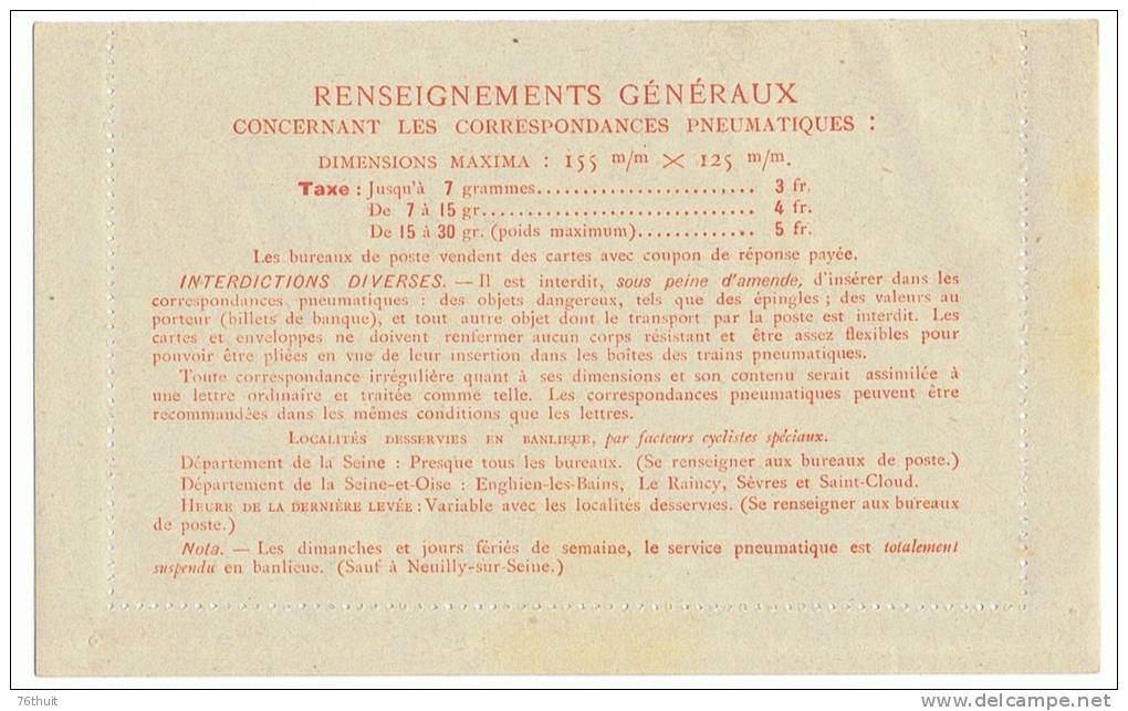 ENTIER -SUPERBE - CARTE LETTRE NEUVE  - PNEUMATIQUE  - Yvert & Tellier N°521 - Pneumatiques