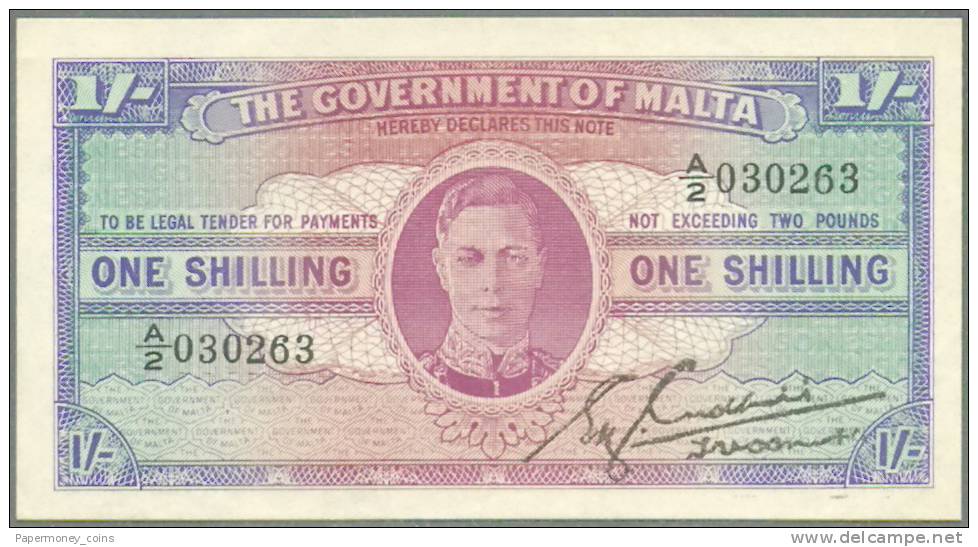 MALTA GOVERNMENT ONE SHILLING BANKNOTE ISSUE 1940-1943 KING GEORGE VI PICK 16 - Malta