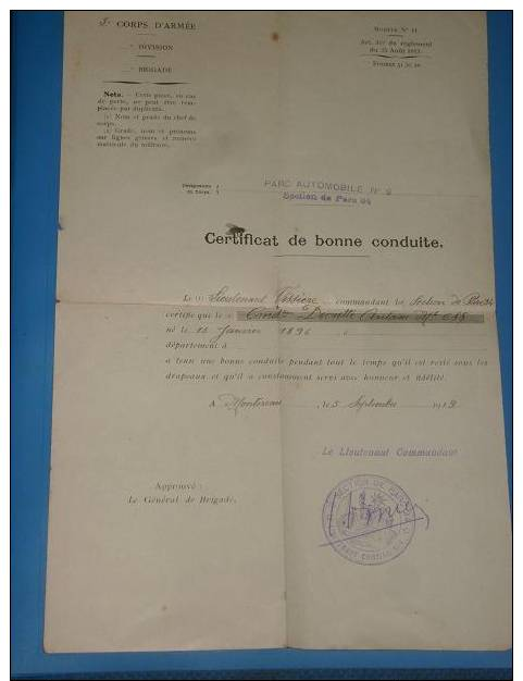 Certificat De Bonne Conduite Militaire Montereau 1919 Montereau - Documents