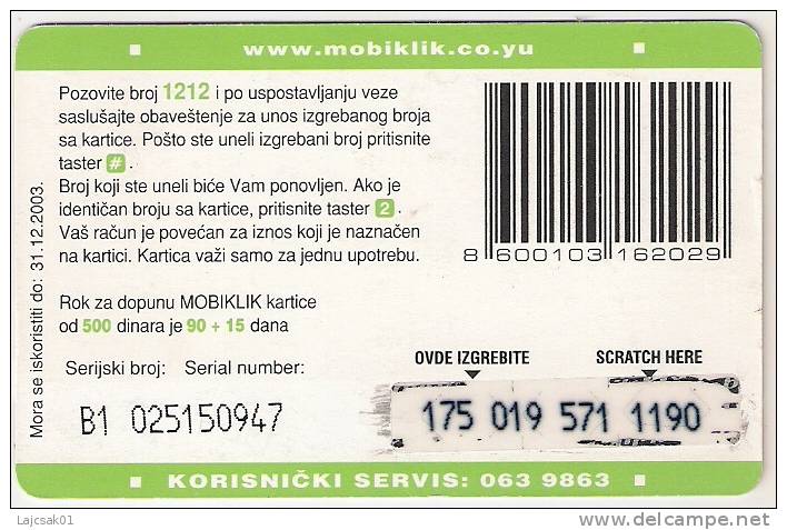 Serbia  GSM Recharge Prepaid Phone  Card - Yugoslavia