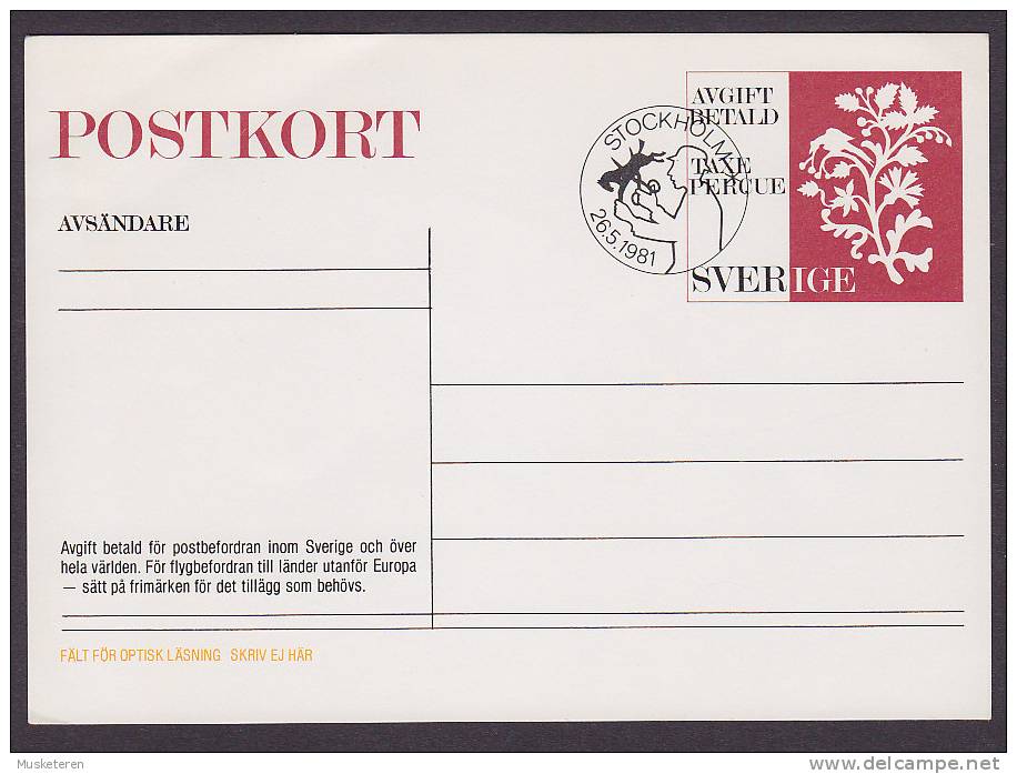 Sweden Postal Stationery Ganzsache Entier Taxe Percue Avgift Betald STOCKHOLM 1981 Unadressed Card - Postwaardestukken