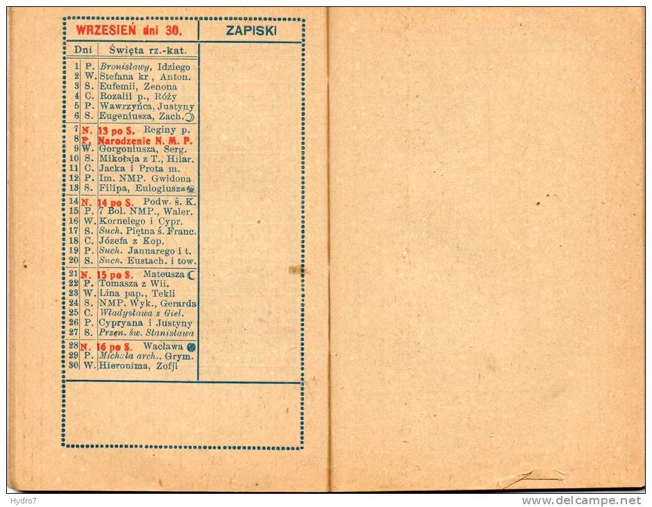 Poland Calendar 1924 Calendrier, Calendario - Petit Format : 1921-40