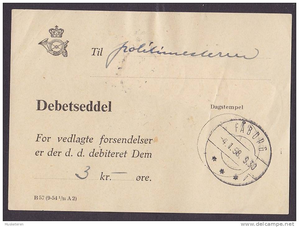 Denmark FÅBORG 4.1.1958 Debetseddel Franked W. Postage Due Stamps Portomarken Mi. 31 (2 Scans) - Postage Due