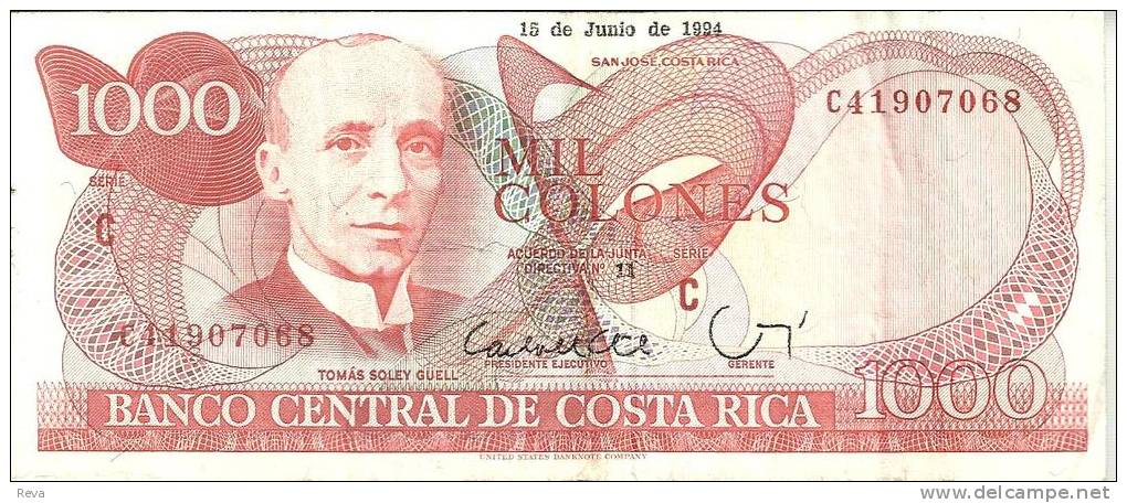 COSTA RICA 1000 COLONES RED MAN FRONT BUILDING BACK DATED 15-06-1994 VF P.259b READ DESCRIPTION!! - Costa Rica