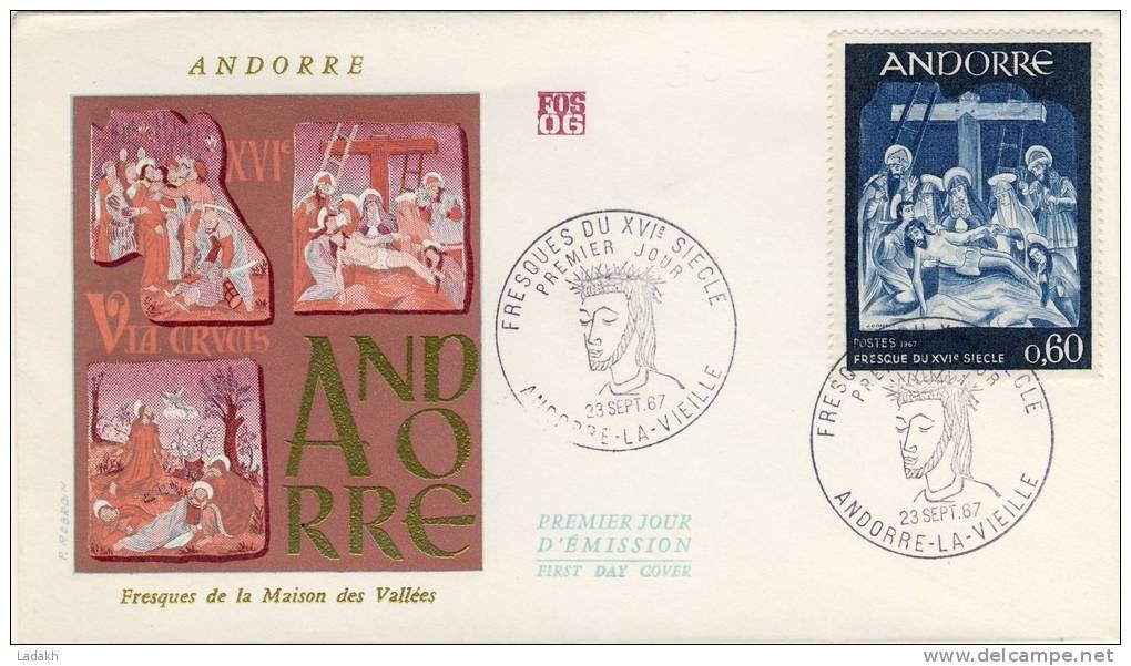 FDC  1967  ANDORRE   FRESQUE  MAISON DES VALLEES  # CHEMIN DE CROIX # CRUCIFIXION # CHRIST#DESCENTE DE CROIX - Maximumkaarten