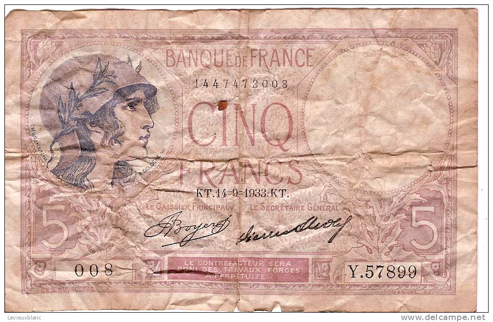 Billets De Banque/France / Banque De France/5 Francs/1933             BIL67 - 5 F 1917-1940 ''Violet''