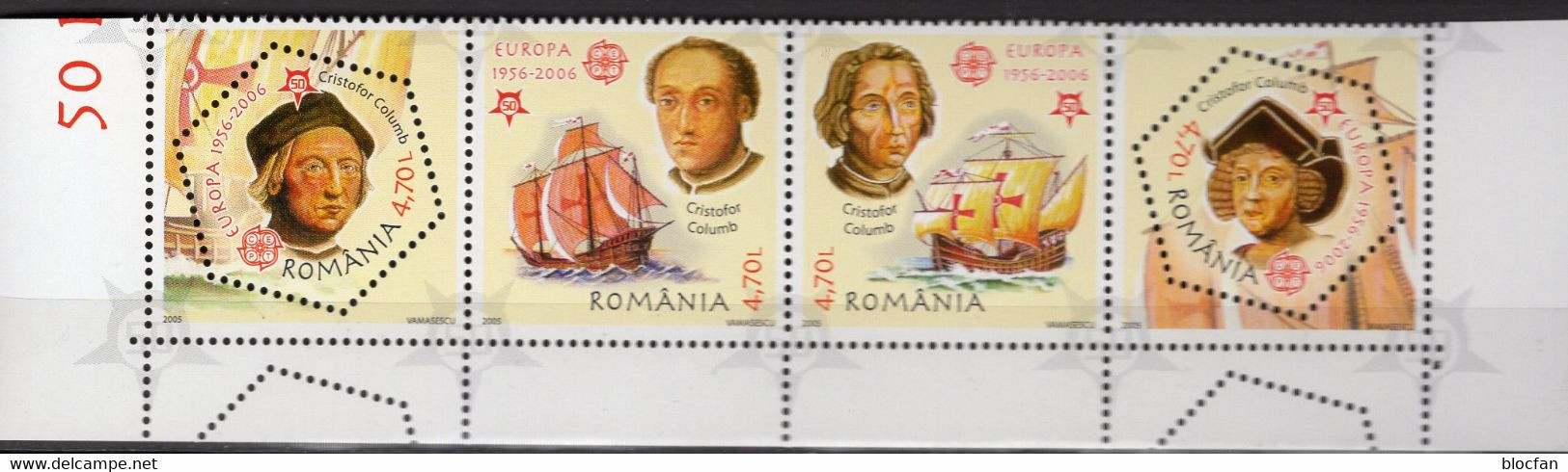 Kolumbus Romania 5974/7 A Als 4-ZD ** 14€ CEPT 2005 Columbus Schiffe Maria Bloque Hoja Se-tenant Bf 50 Jahre EUROPA - Ongebruikt