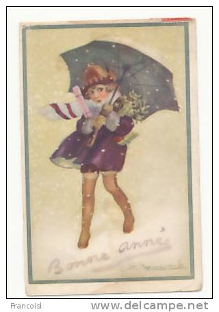 Bonne Année. Petite Fille Dans La Neige Et Le Vent, Parapluie, Gui,... Signée Bompard - Bompard, S.